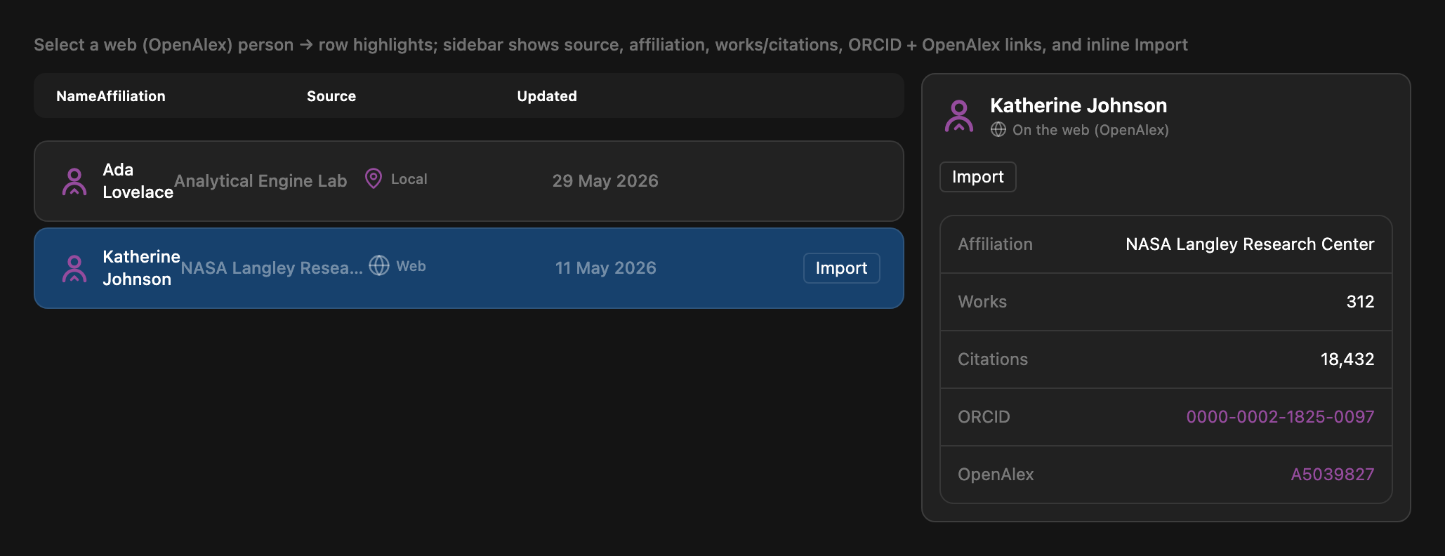 Dataerai person sidebar with details and import action