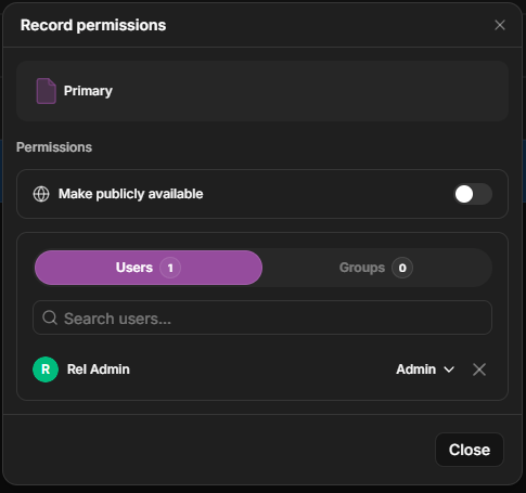 Dataerai permissions dialog with public toggle, Users/Groups tabs, and roles