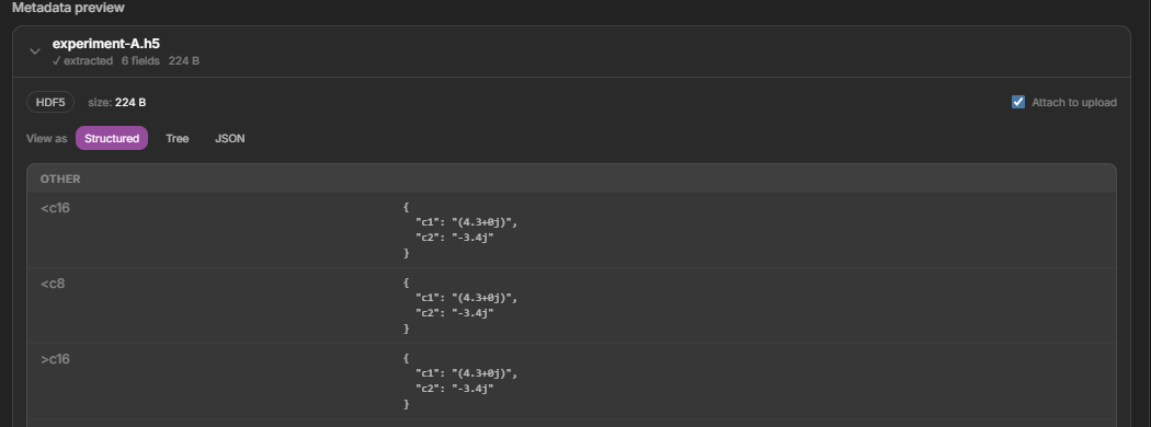 Dataerai upload metadata preview for a recognized HDF5 file
