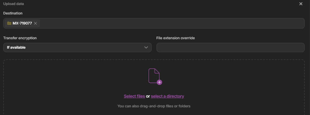 Dataerai browser upload panel with destination and file pickers