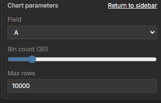 Dataerai expanded chart parameter panel with field, bin count, and max rows