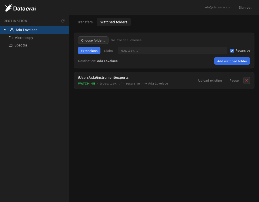 The Watched folders tab in the Dataerai desktop app, showing a folder being watched for .csv and .tif files.