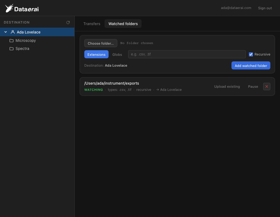 The Watched folders tab in the Dataerai desktop app, showing a folder being watched for .csv and .tif files.
