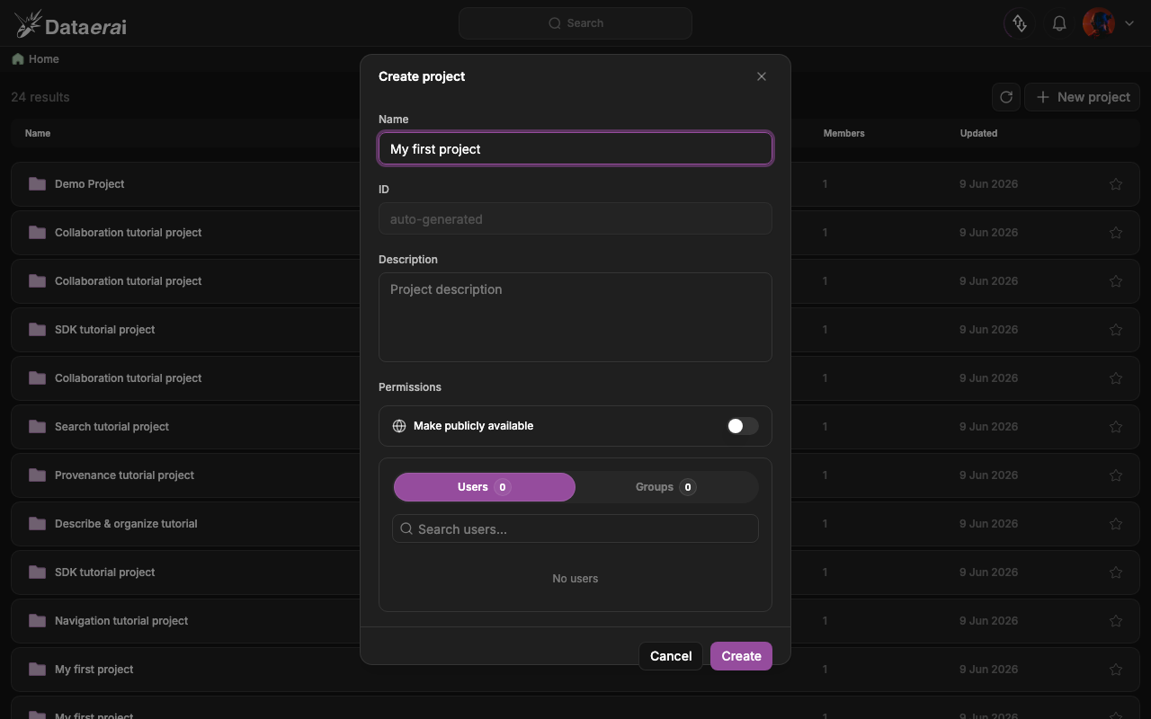 The Create project dialog on Home