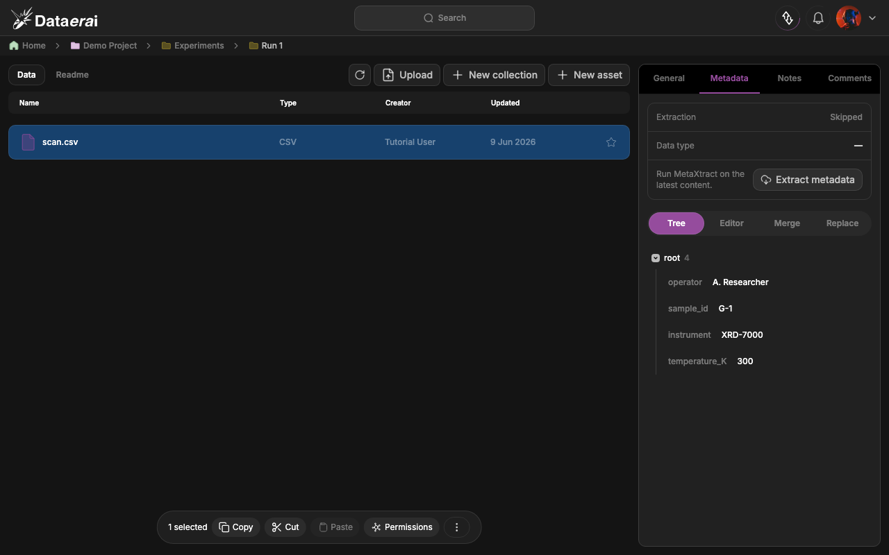 The asset detail sidebar on the Metadata tab