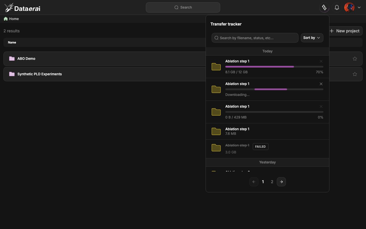 The Transfer tracker with in-progress, completed, and failed transfers