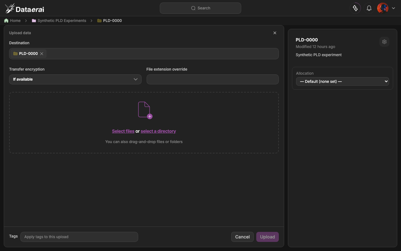 The Upload data dialog — files, directories, encryption, tags