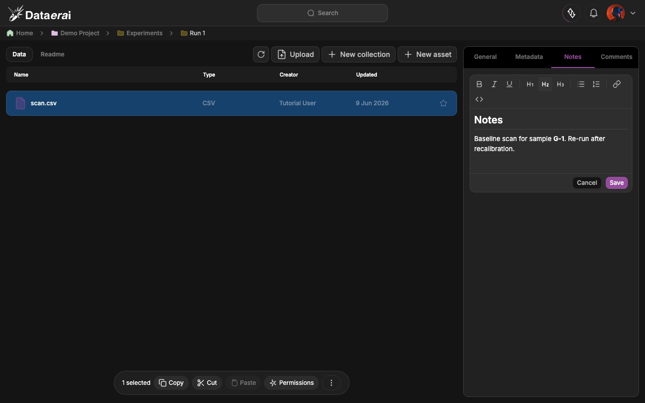 The note editor open with sample Markdown, before saving
