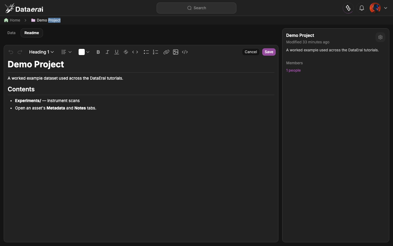 The README editor with a sample project overview, before saving