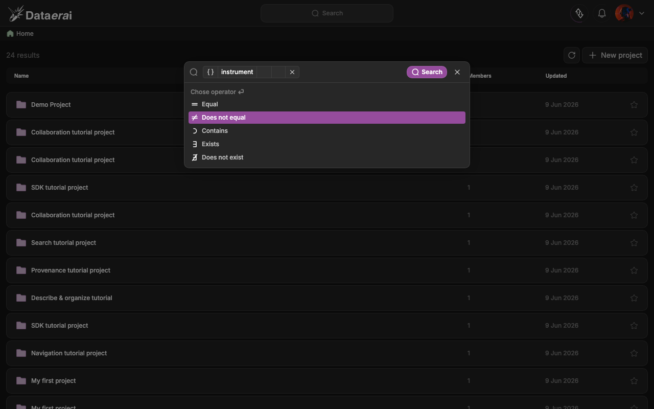 The metadata clause builder showing the operator picker