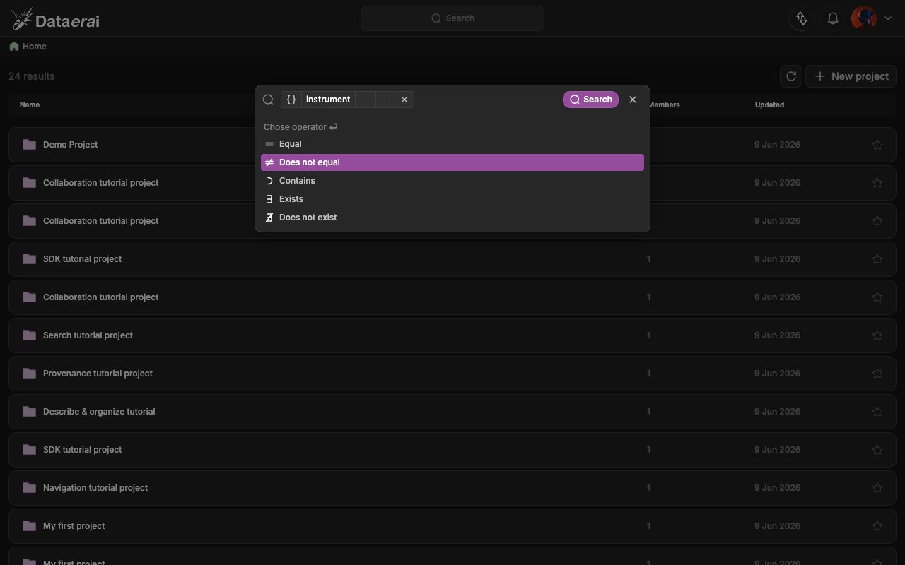 The metadata clause builder showing the operator picker