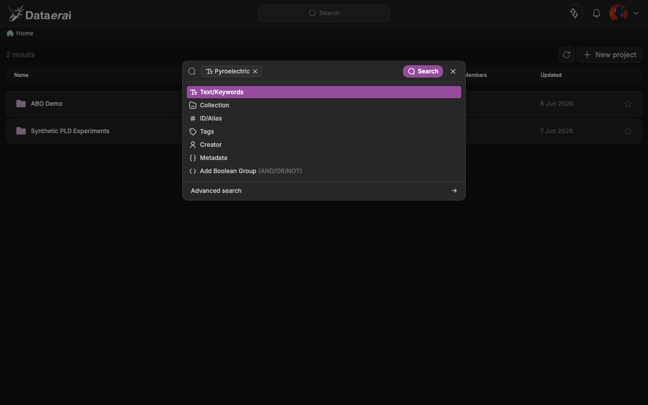 The search modal showing the clause-type dropdown