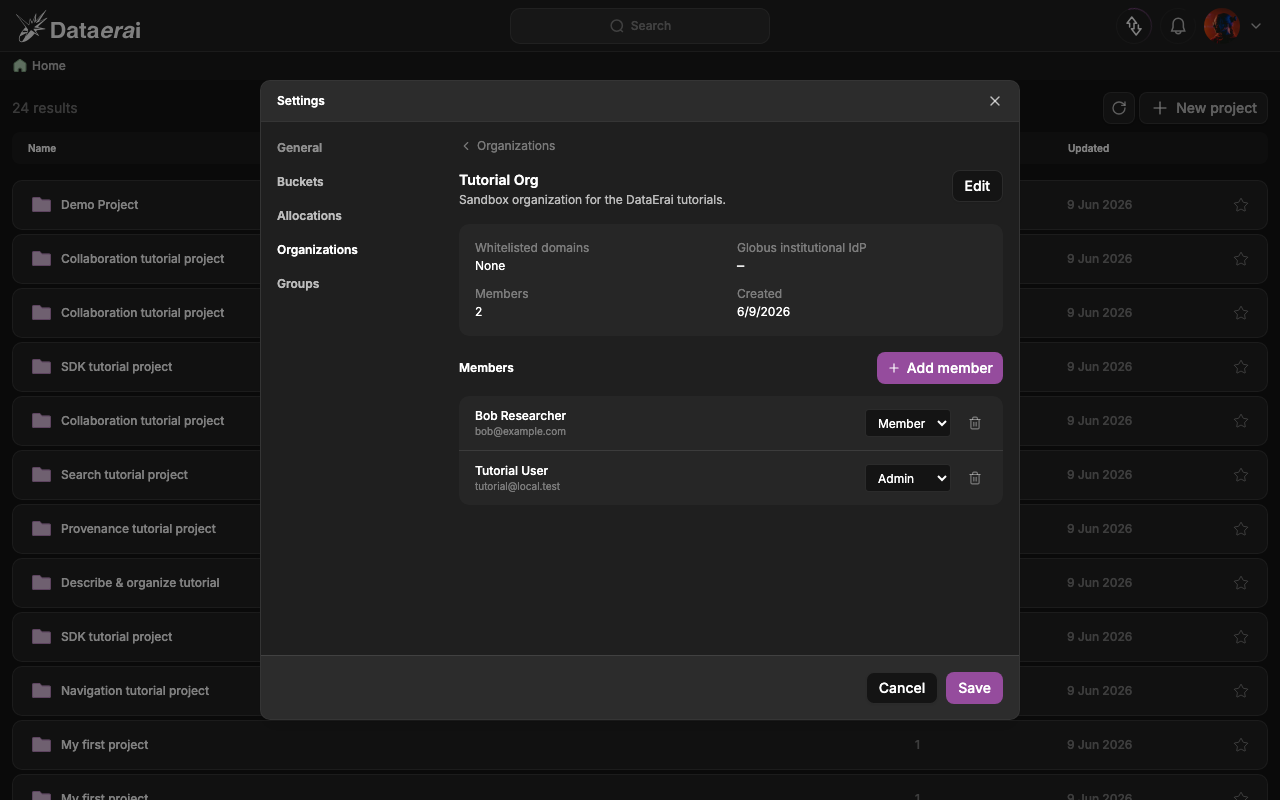 The organization detail page listing two members