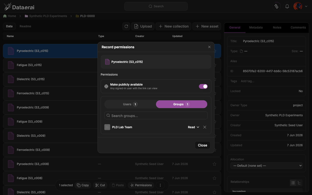 Record permissions modal — public toggle and user/group tabs