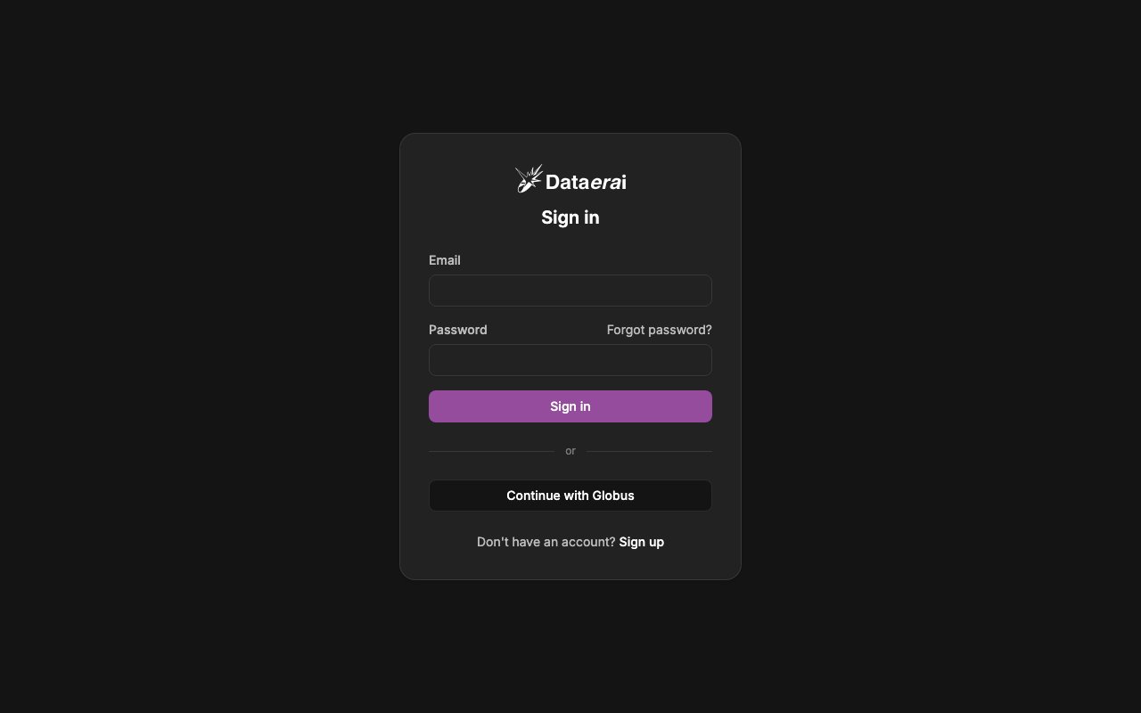 The Dataerai sign-in page with email/password and Continue with Globus