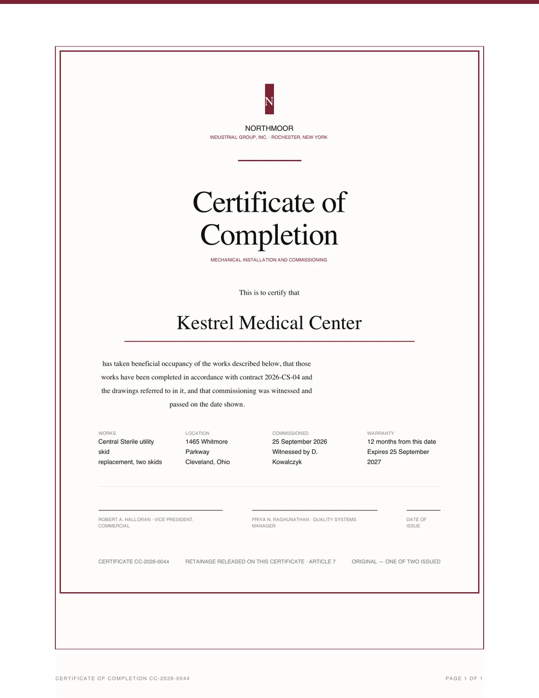 Certificate, page 1