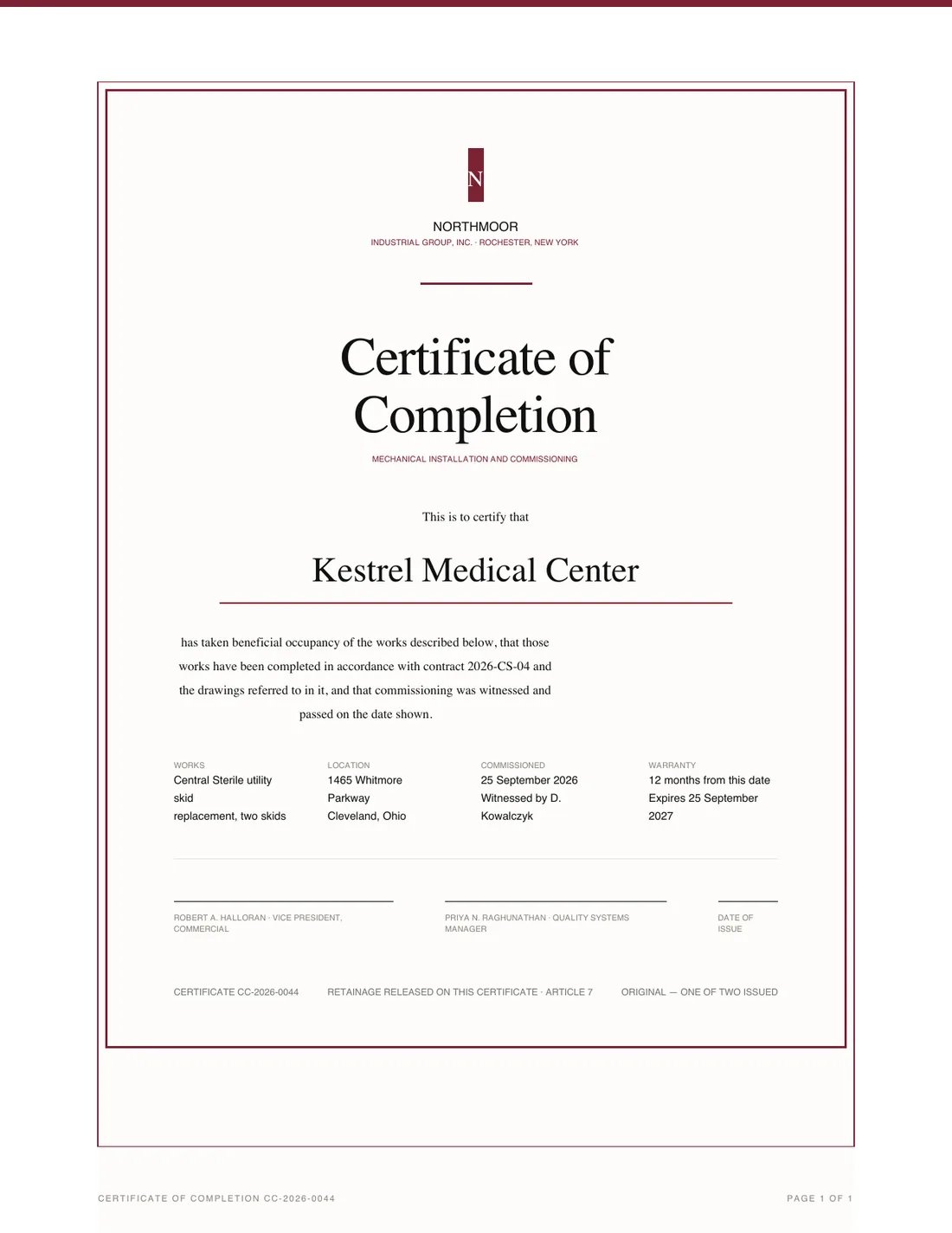 Certificate, page 1