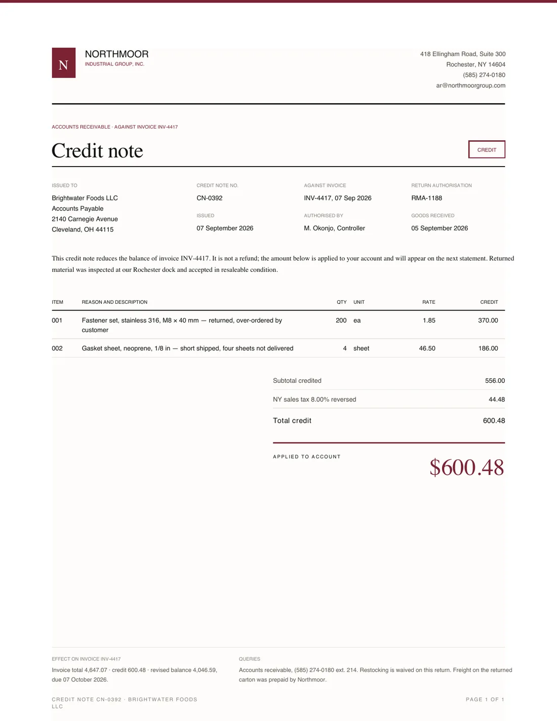 Credit Note, page 1