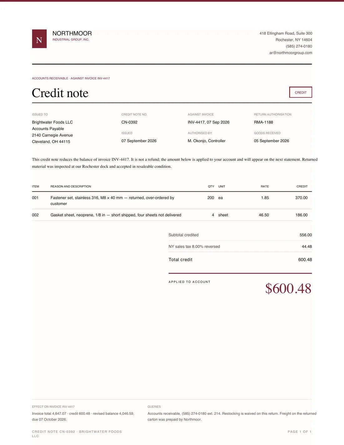 Credit Note, page 1