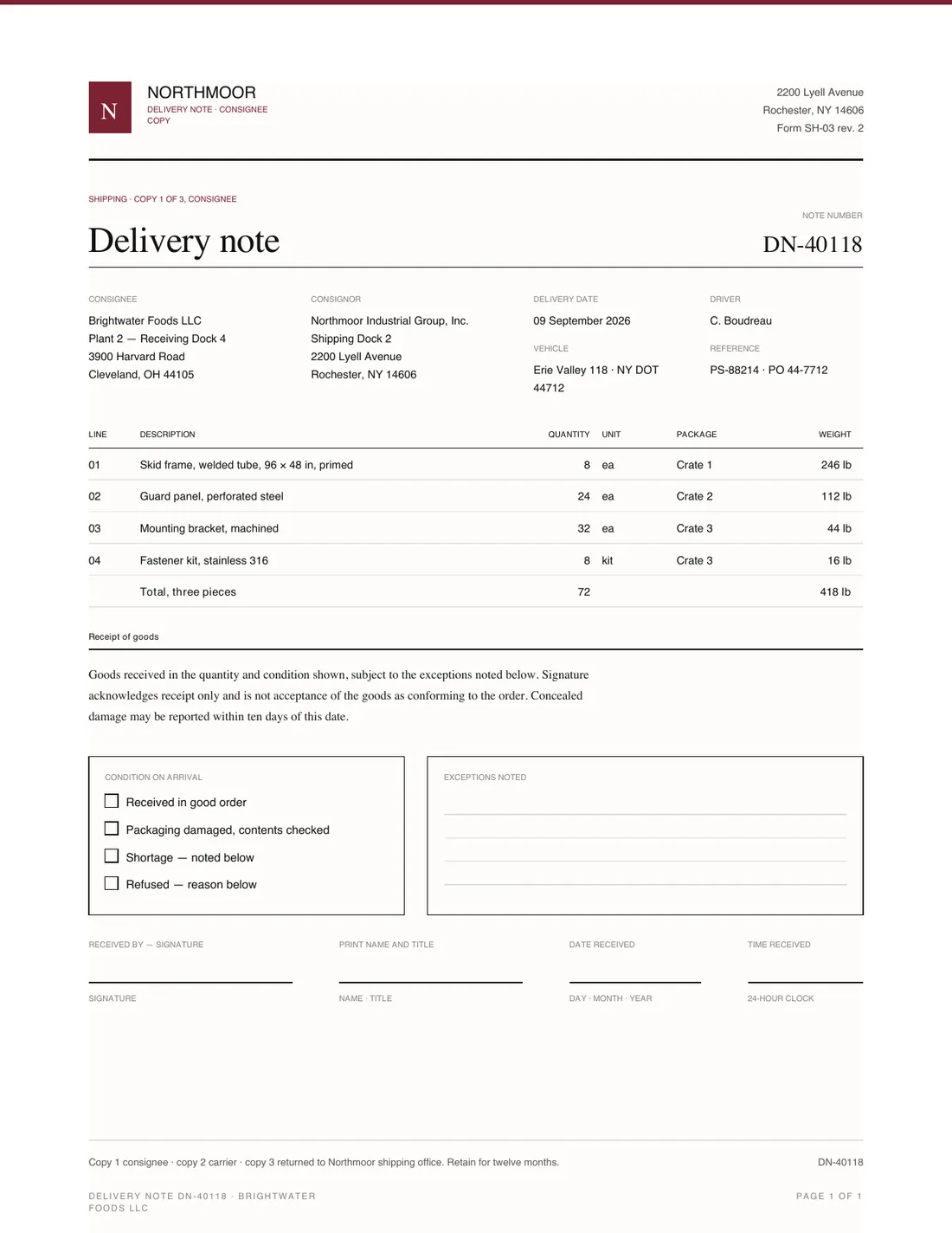 Delivery Note, page 1