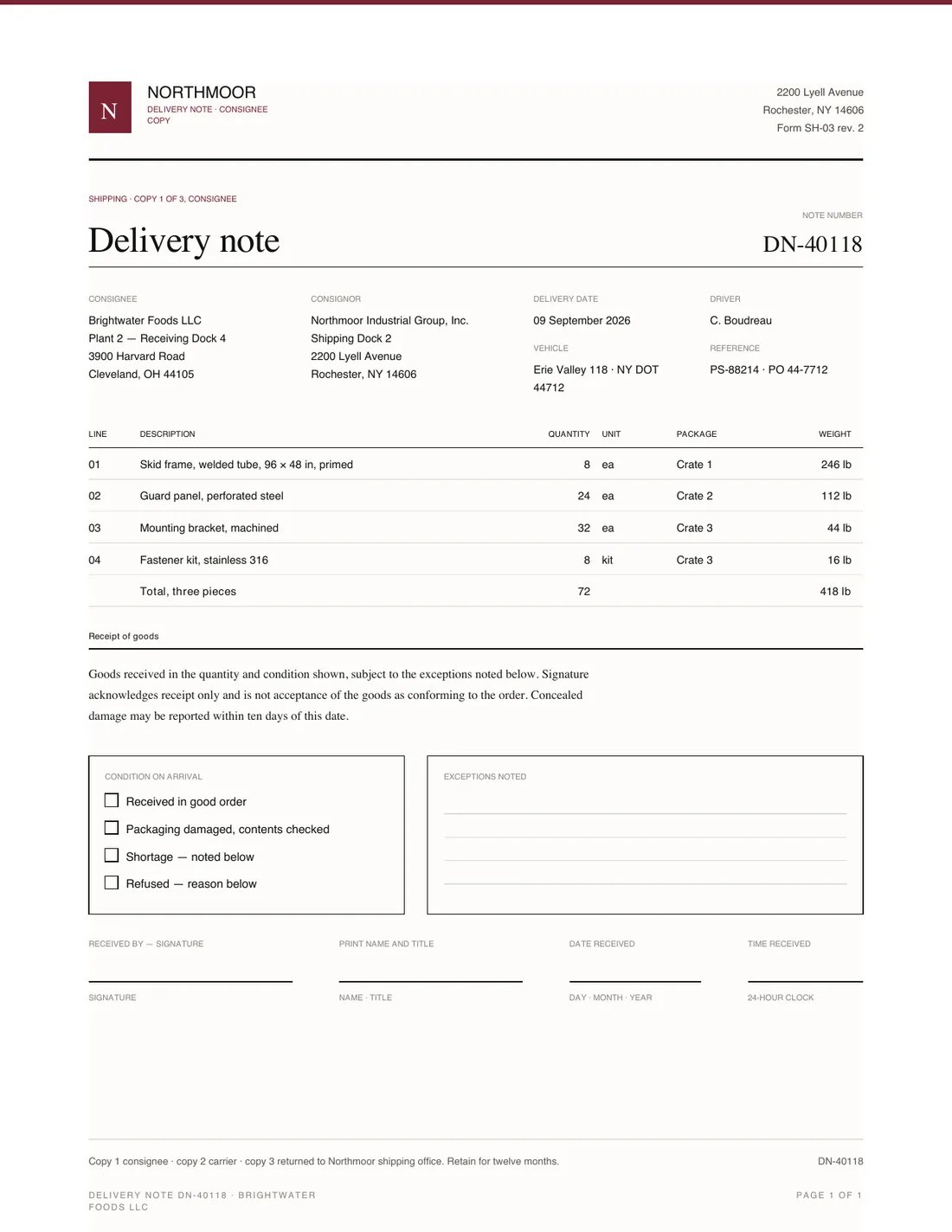 Delivery Note, page 1