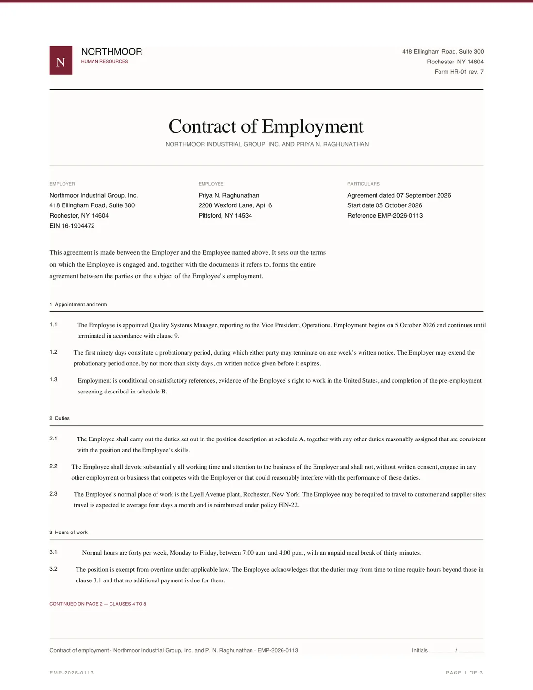 Employment Contract, page 1