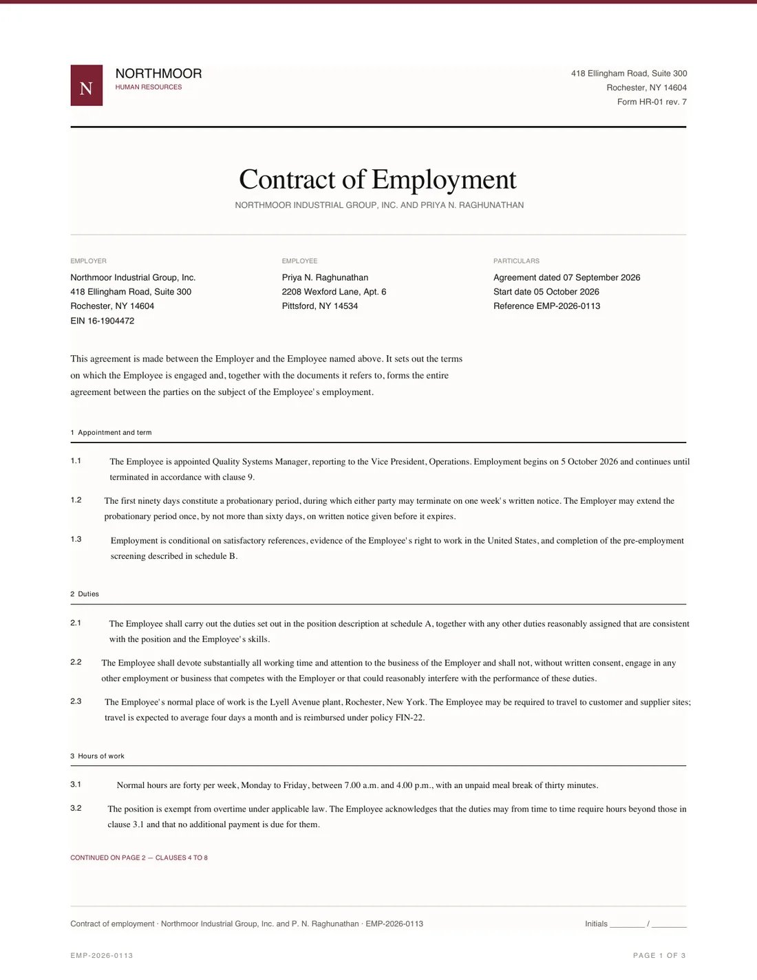 Employment Contract, page 1