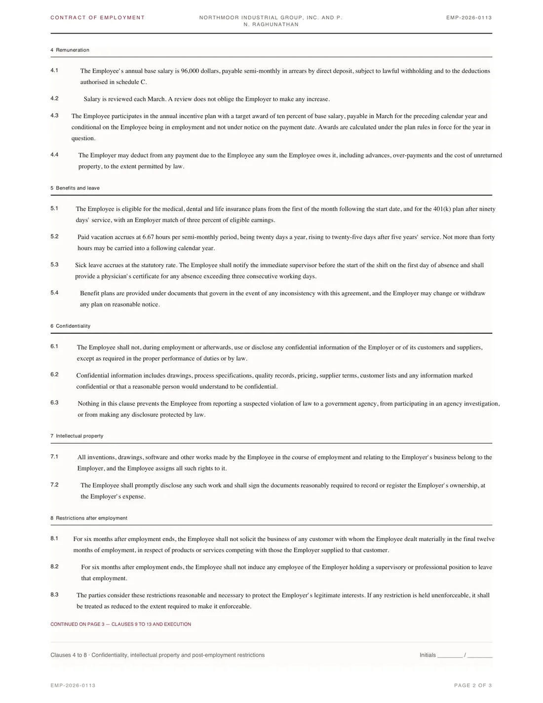 Employment Contract, page 2