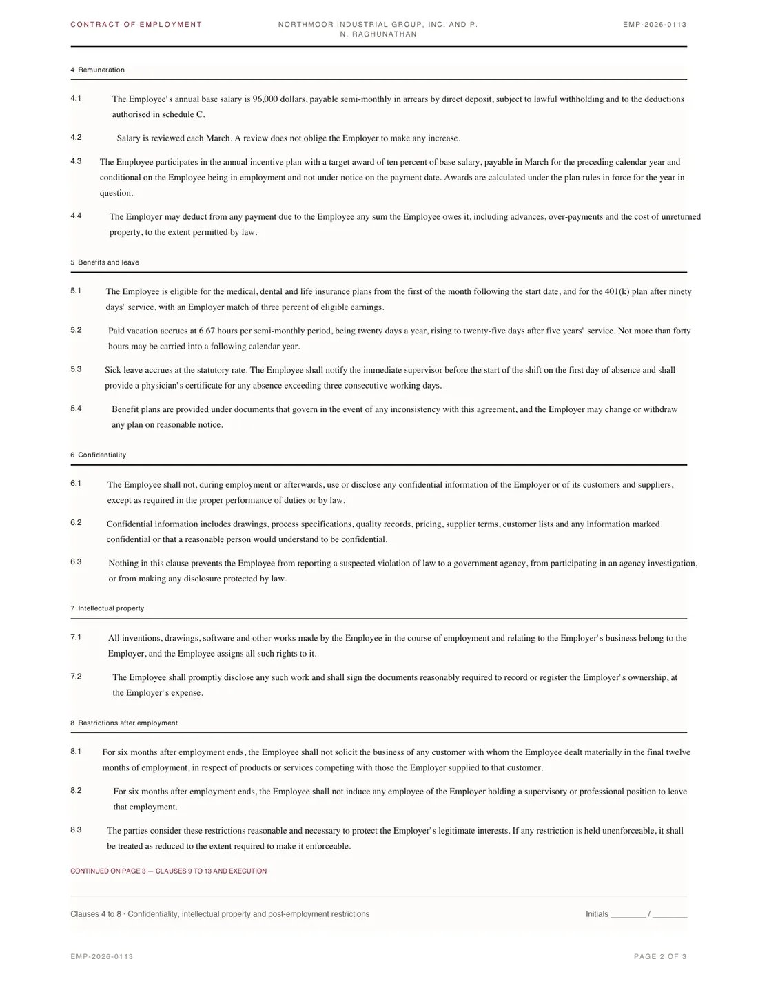 Employment Contract, page 2