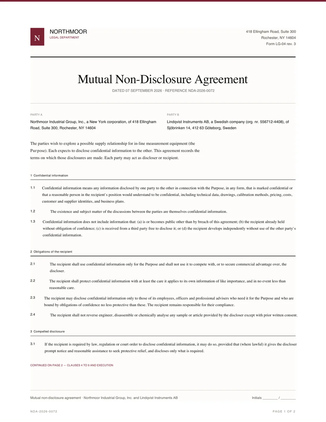 Mutual NDA, page 1