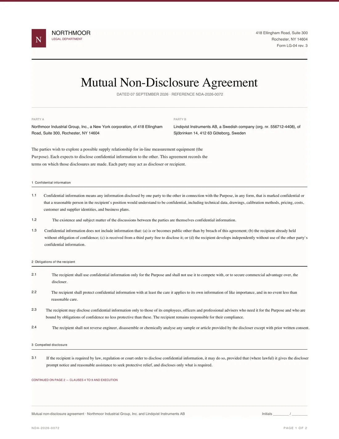 Mutual NDA, page 1
