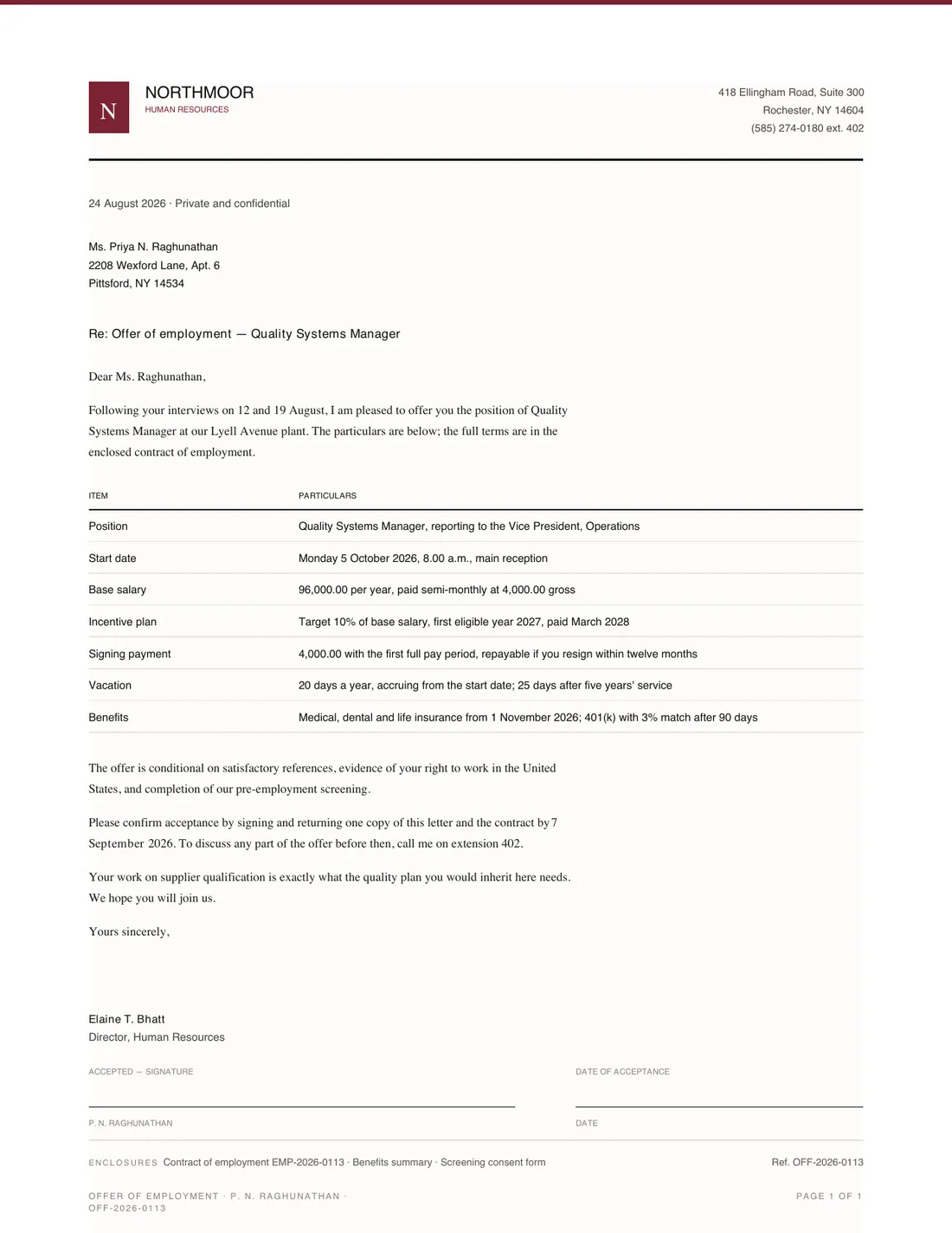Offer Letter, page 1