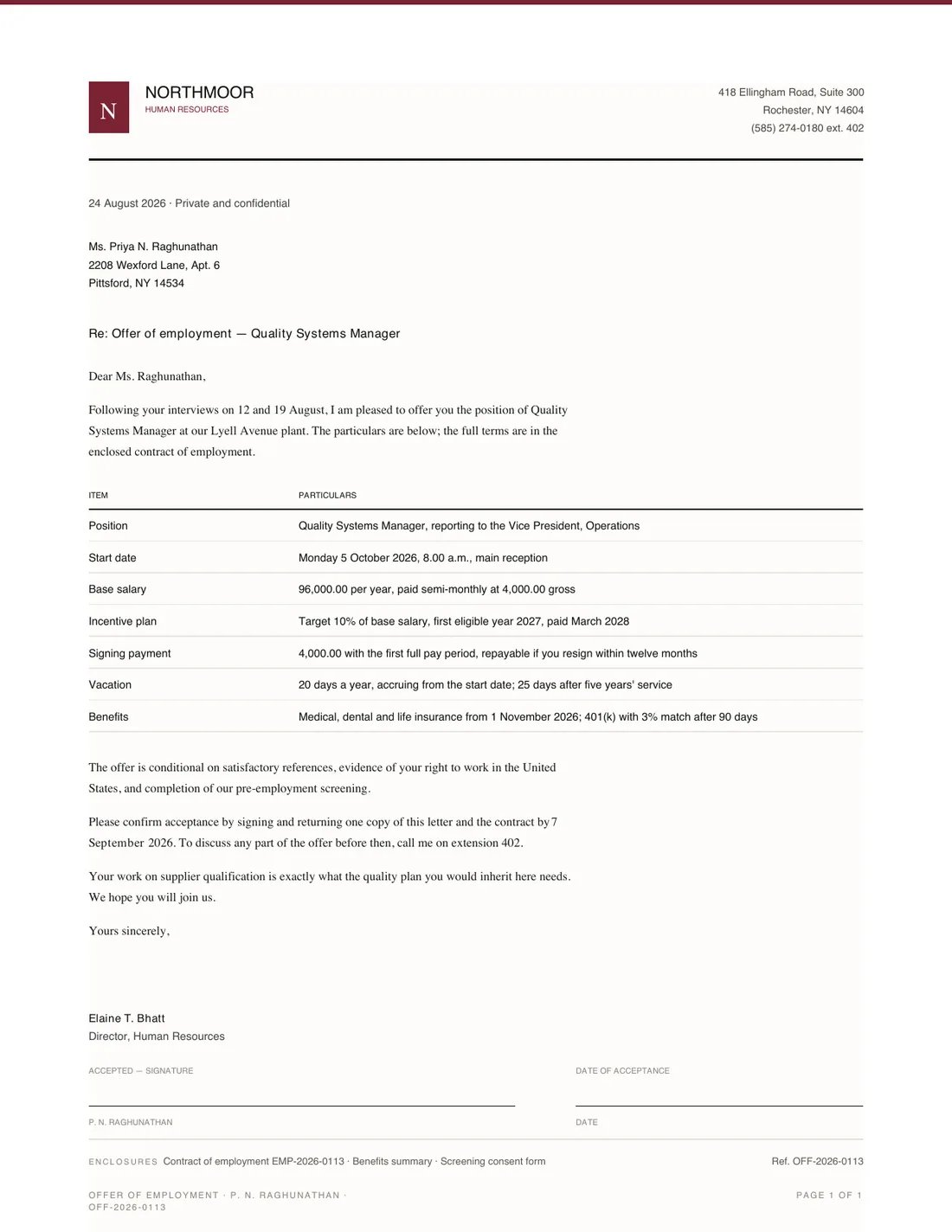 Offer Letter, page 1