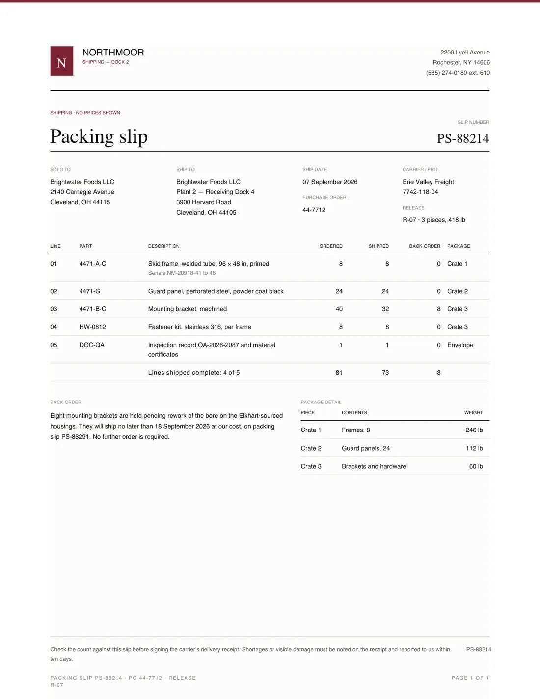 Packing Slip, page 1