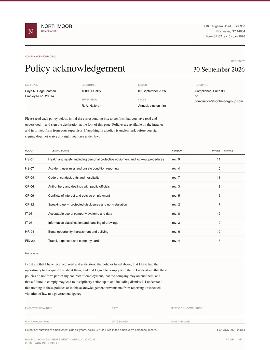 Policy Acknowledgement, page 1