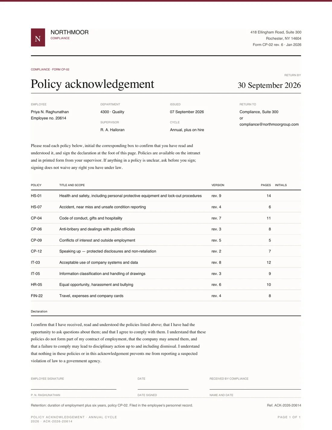 Policy Acknowledgement, page 1