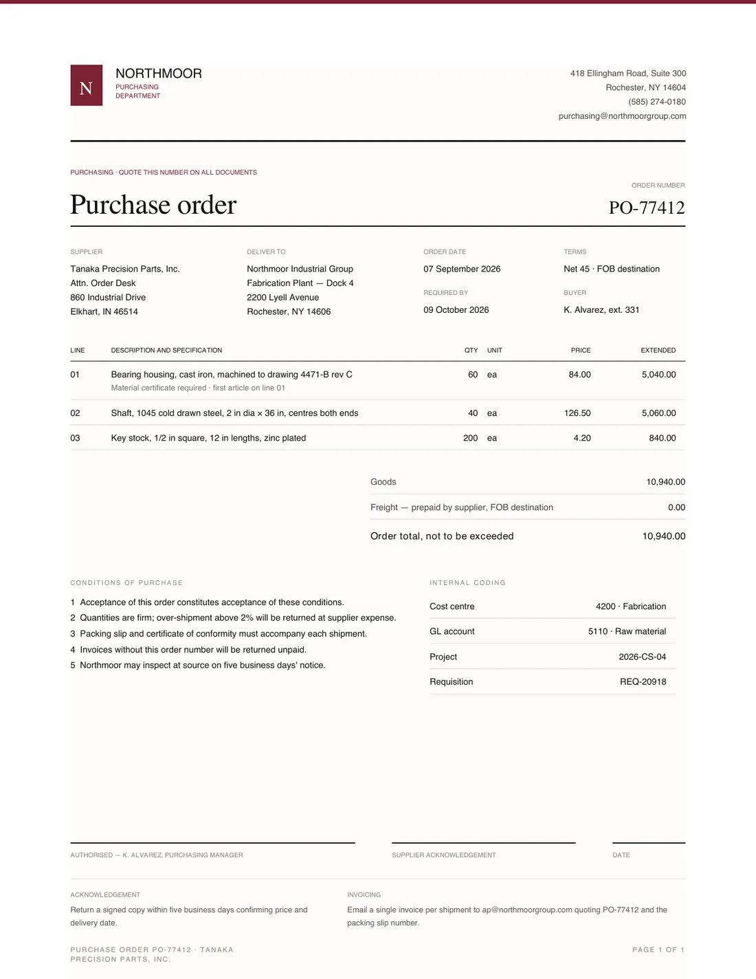 Purchase Order, page 1