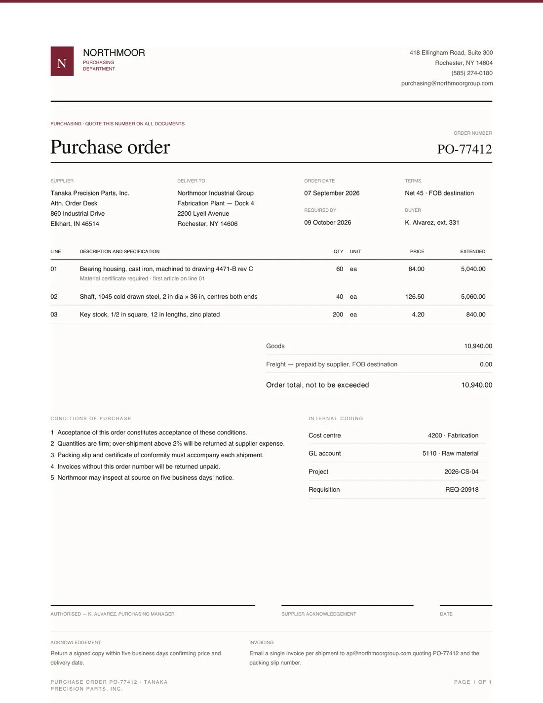 Purchase Order, page 1