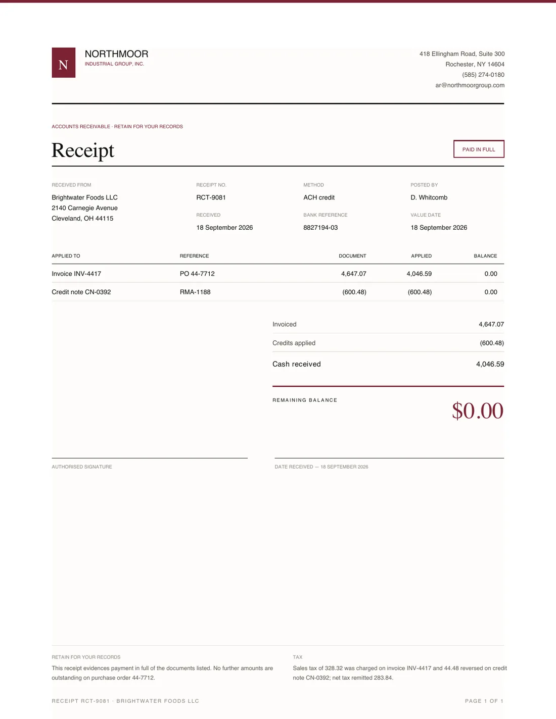 Receipt, page 1