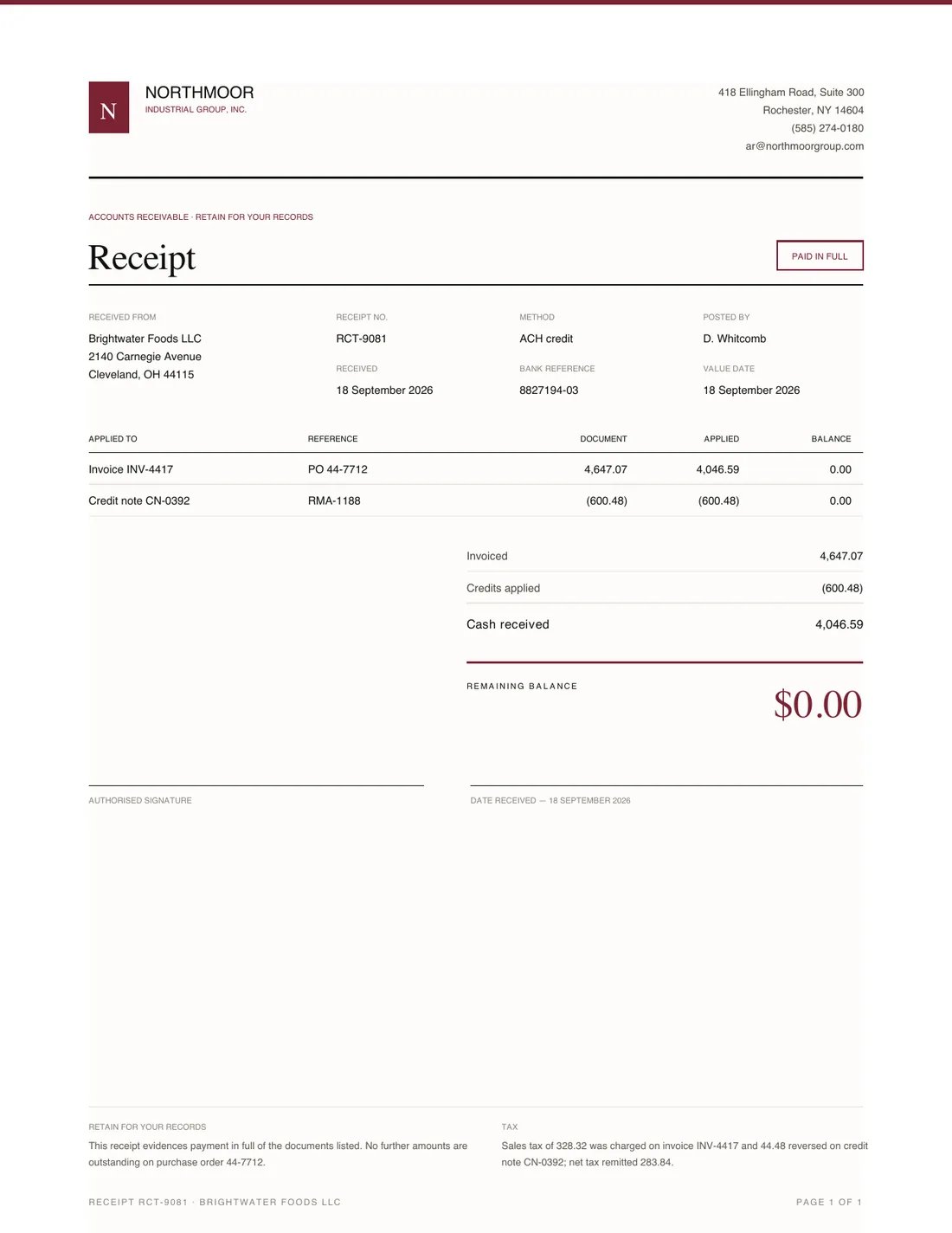 Receipt, page 1