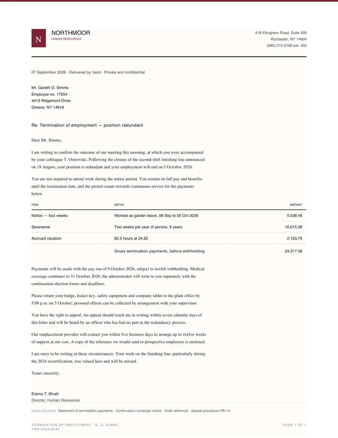 Termination Letter, page 1
