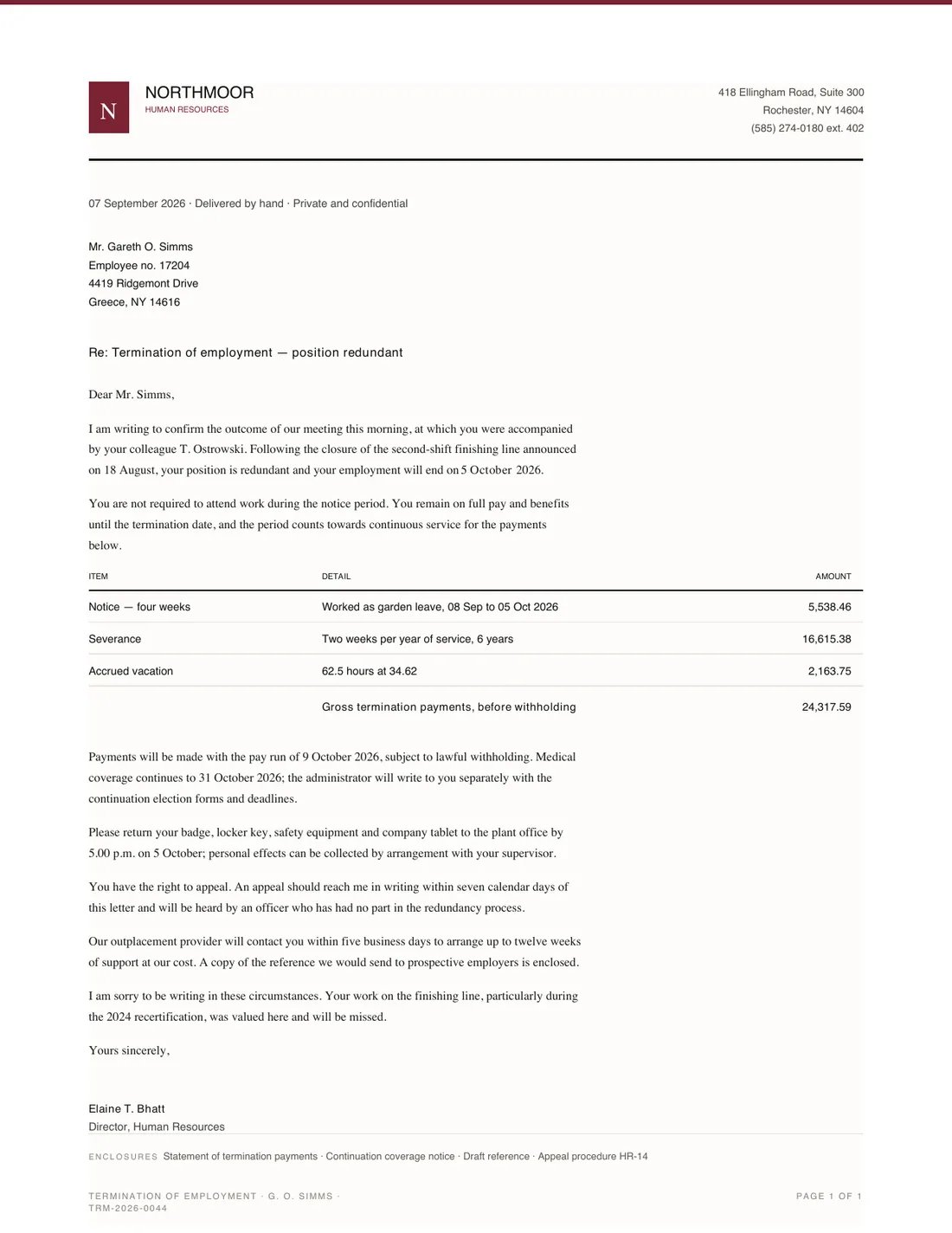 Termination Letter, page 1