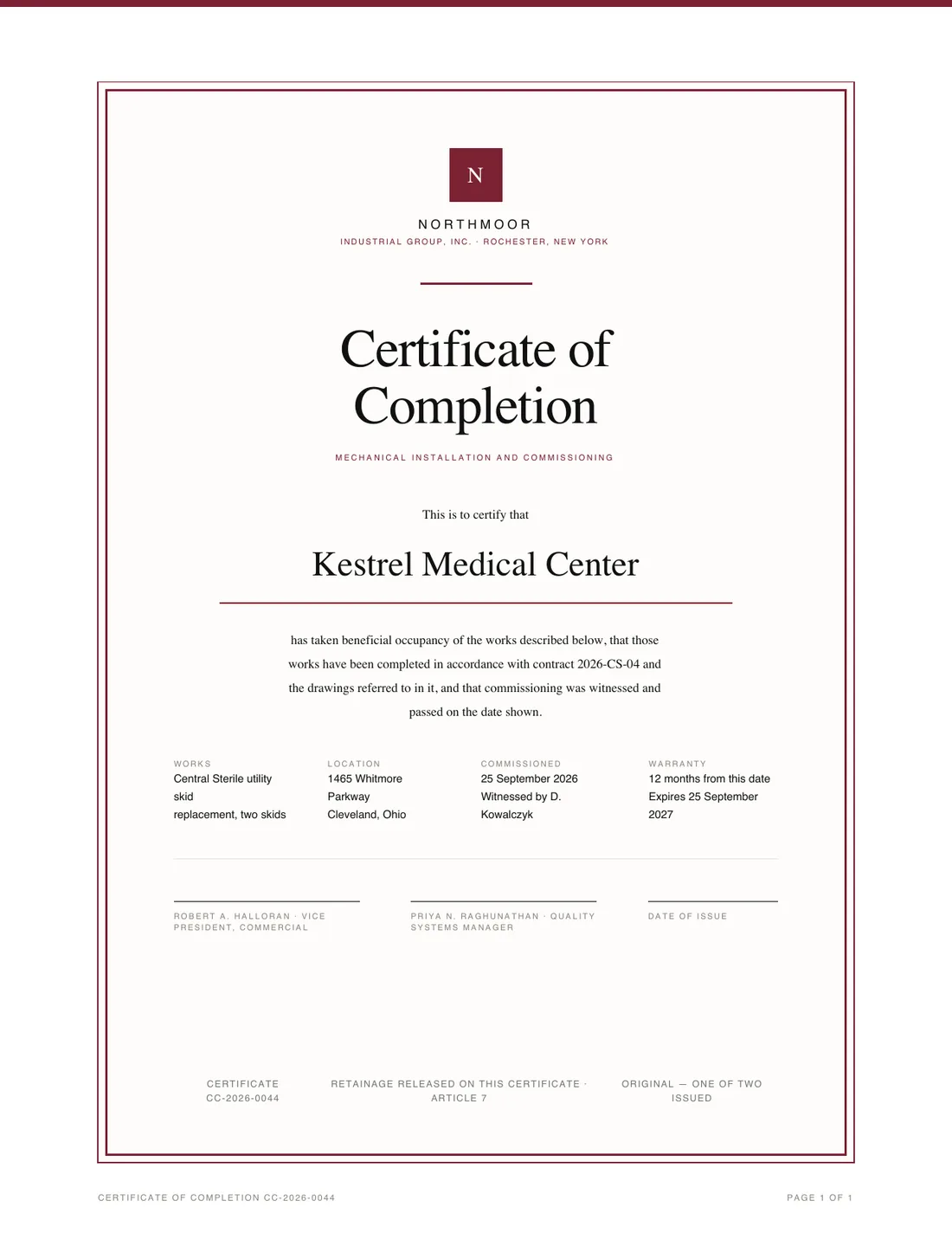 Certificate, page 1