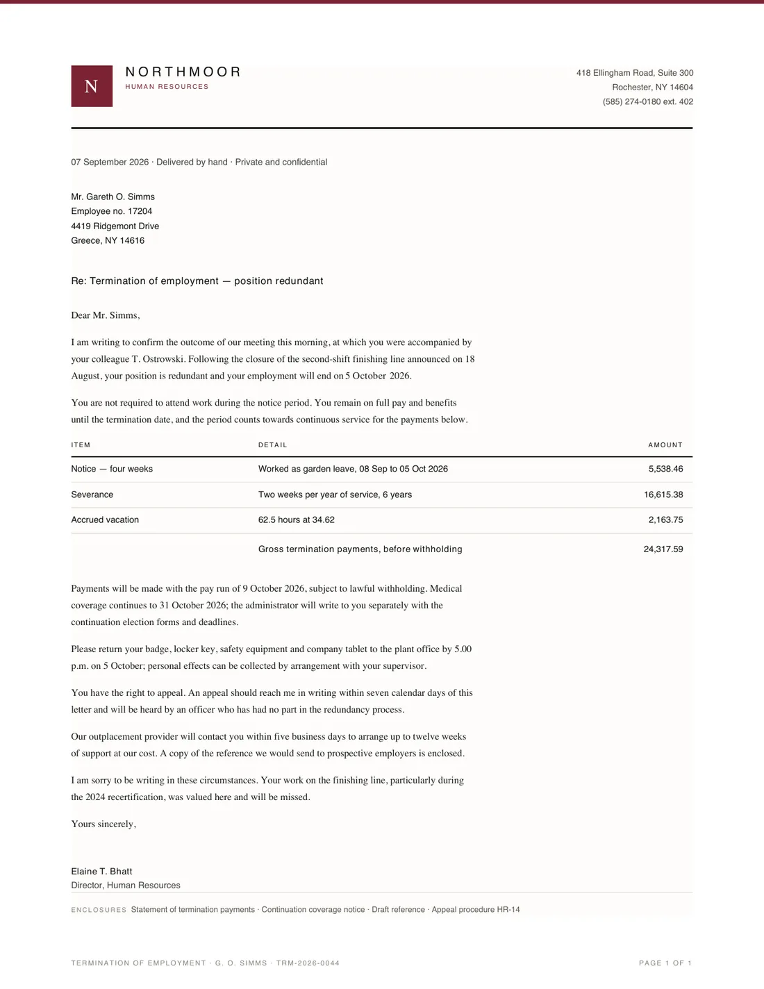 Termination Letter, page 1