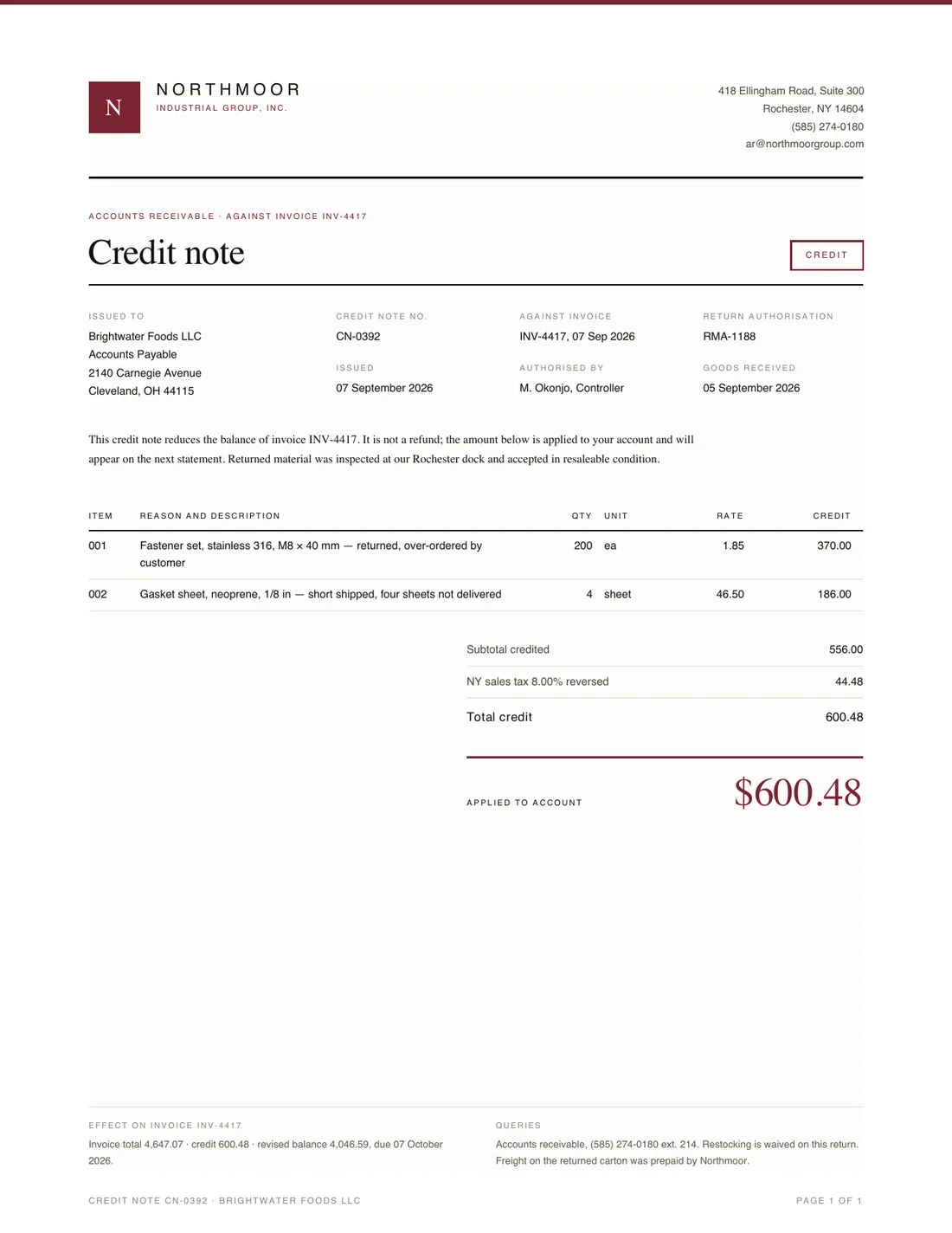 Credit Note, page 1