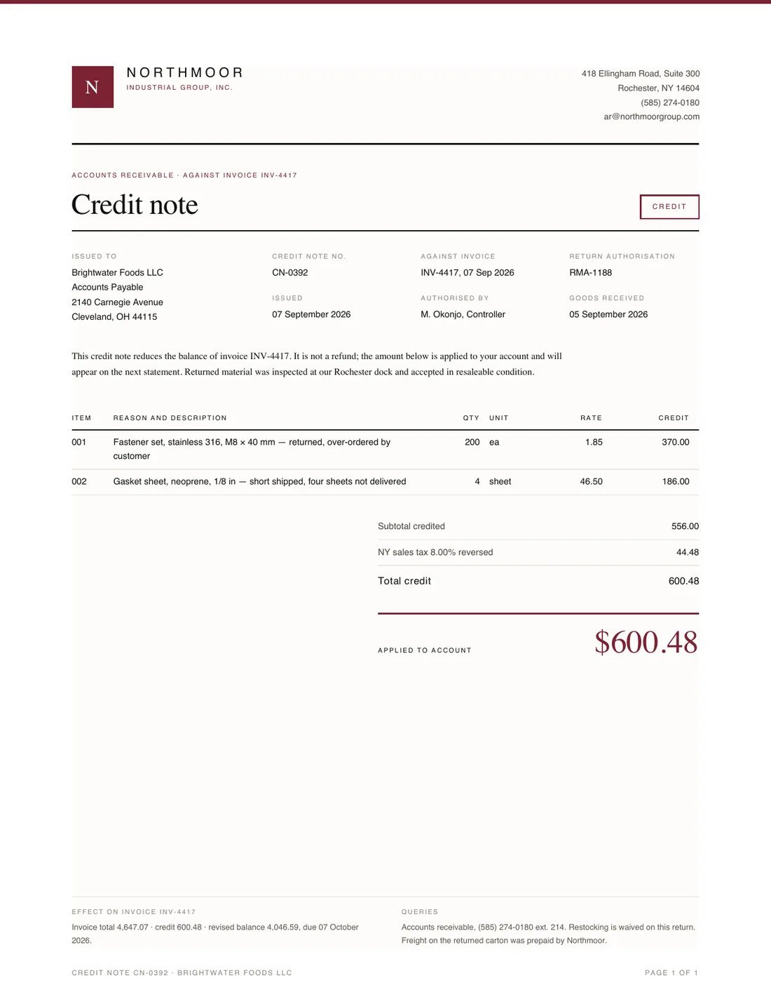 Credit Note, page 1