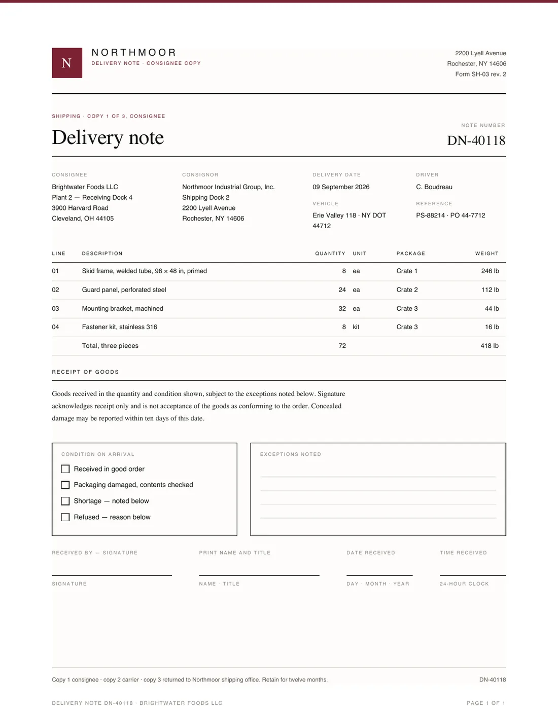 Delivery Note, page 1