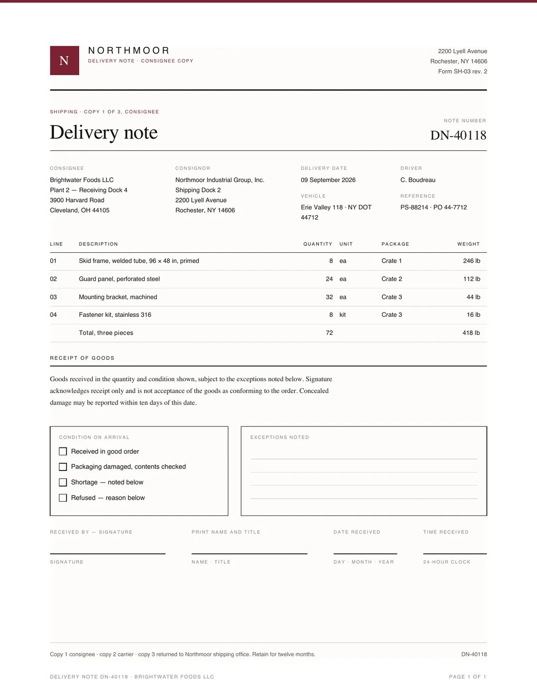 Delivery Note, page 1