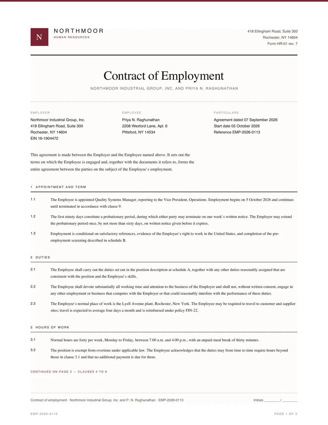 Employment Contract, page 1