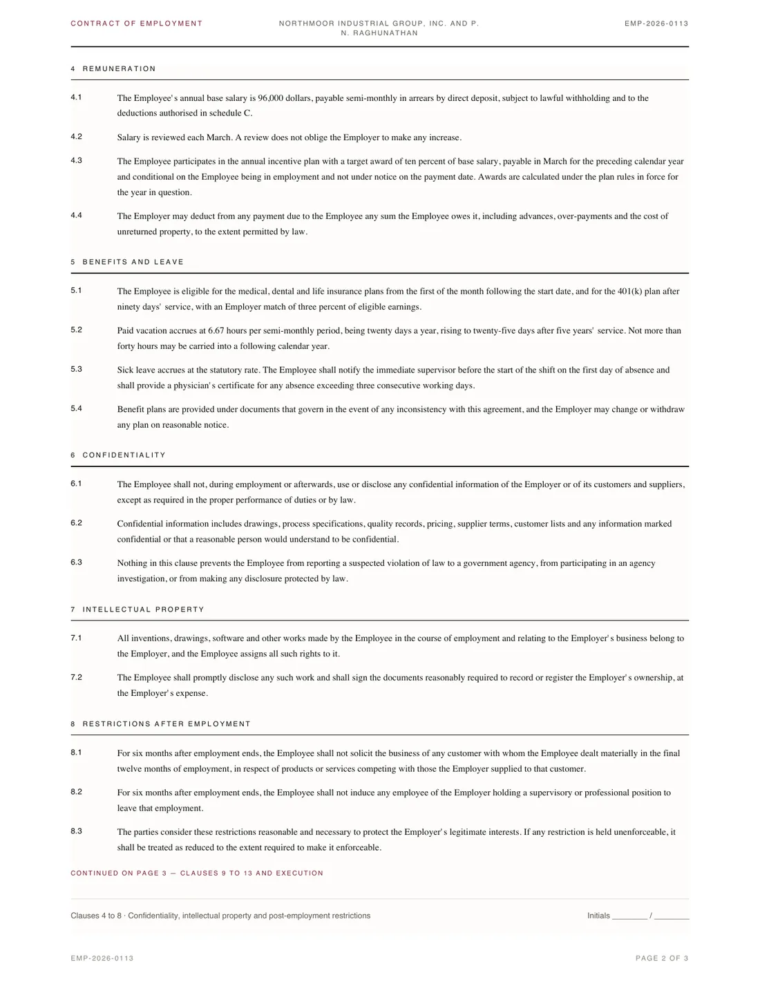 Employment Contract, page 2